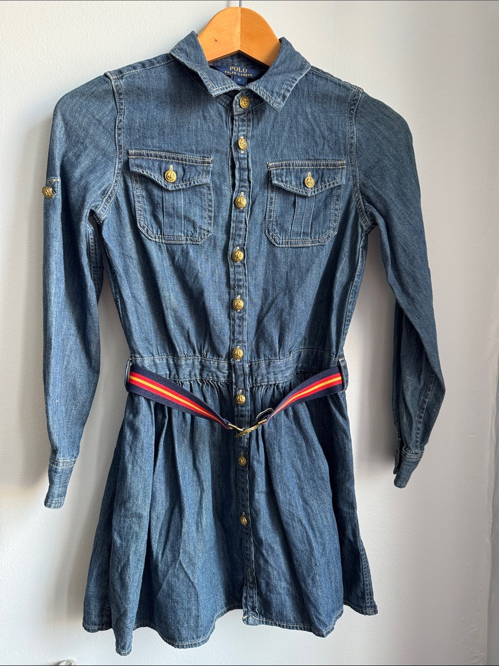 Polo Ralph Lauren Denim Button-Front Shirt Dress with Stripe Belt size 12